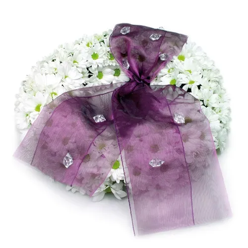 Rest in the peace, garland of white margaret with purple ribbon, funeral garland