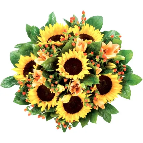 Yellow sunflowers with lilies and hypericum in bouquets, Sunflowers bouquet