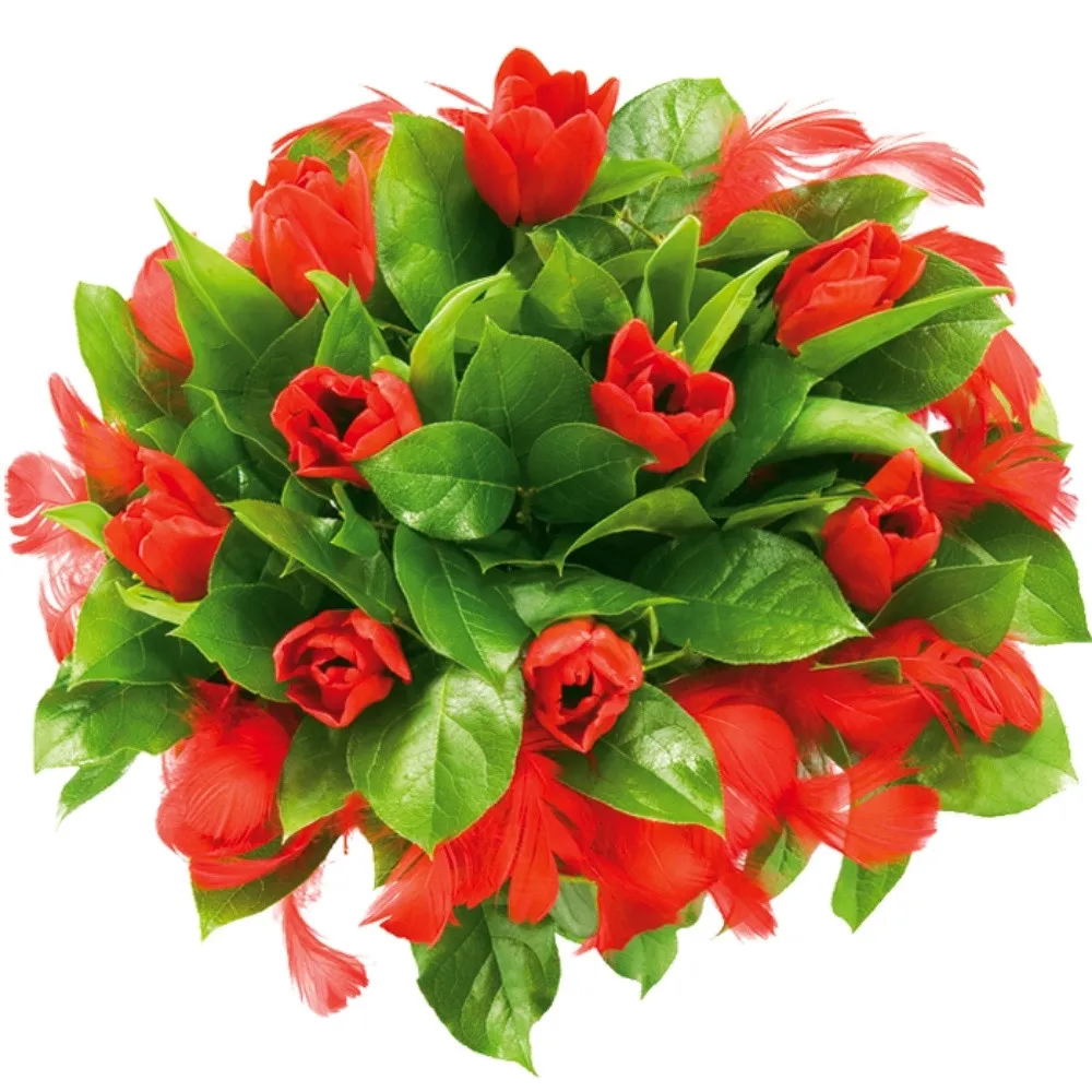 Bukiet tulipanów z piórkami, kwiaty z czerwonymi piórkami, czerwone tulipany z dekoracją