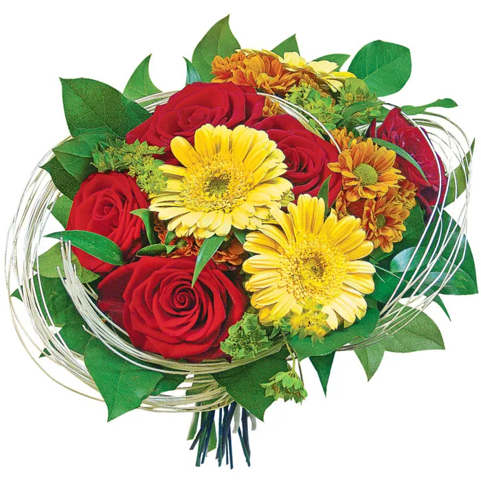 Flowers I love you, red roses, margaretes, griffithii, rattan and yellow gerberas with decorative greenery