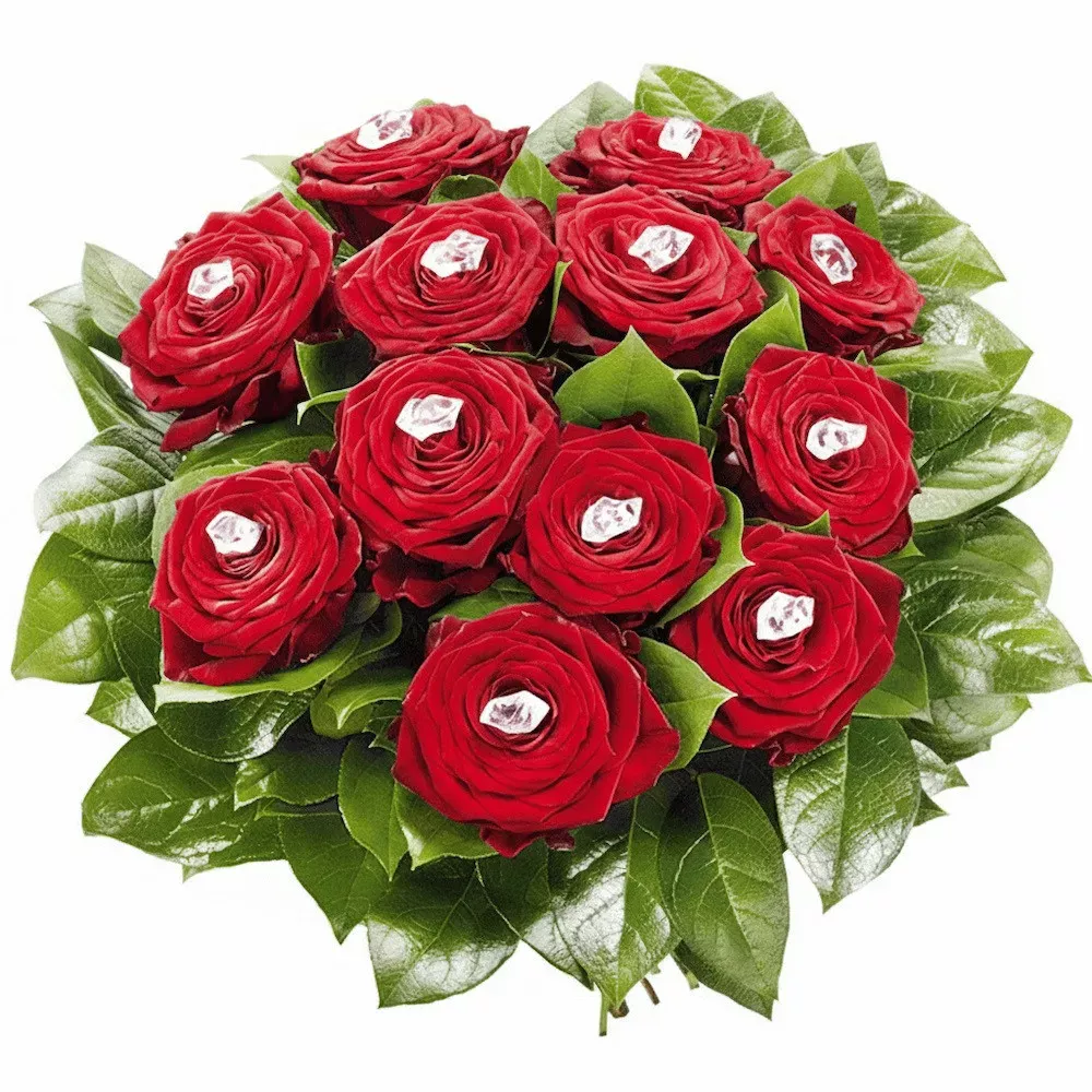 kwiaty kryształowy blask, 12 czerwonych róż z kryształkami i zieleń dekoracyjna