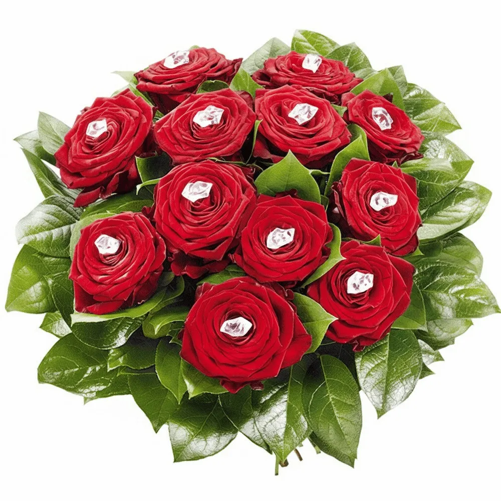 Flowers brilliance shine, 12 red roses with crystals and decorative greenery