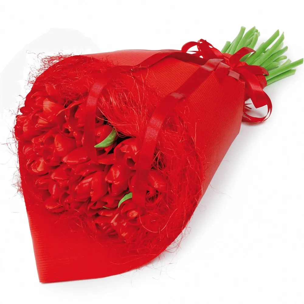 Red tulips with sisal in a bouquet, flowers for her, Bouquet for the One