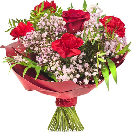 Miłosna niespodzianka, czerwony bukiet, kwiaty na walentynki, goździki i gipsówka