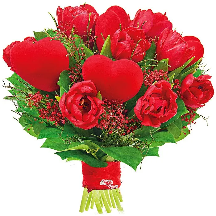 Bukiet 9 tulipanów, serca na piku, zieleni obwiązany wstążką, Bukiet odważny gest, romantyczna kompozycja dla niej