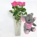 7 różowych róż z różowym słonikiem