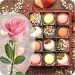 Strawberries in White and Milk Chocolate with Coconut and Nut Topping and Macaroons + Pink Rose