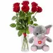7 red roses with pink elephant