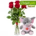 7 red roses with pink elephant