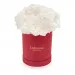 White carnations in a red box
