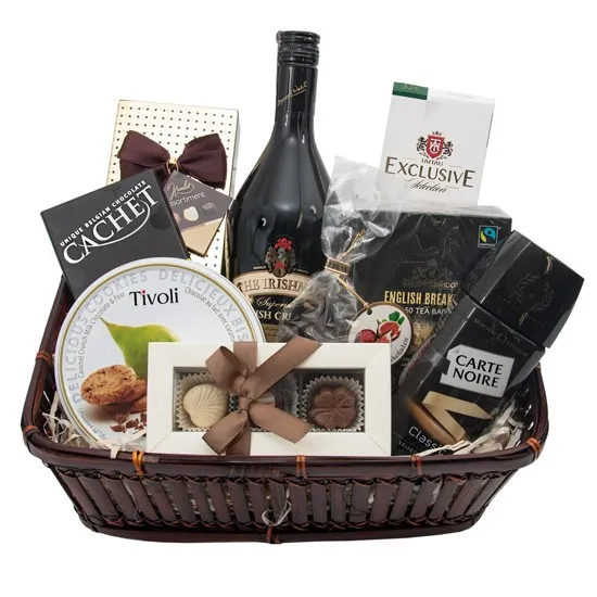 Full of happines, Irishman Liqueur with chocolates in a bamboo basket