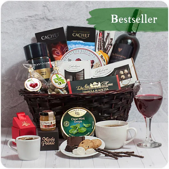 Full of happiness, red wine with chocolates in a bamboo basket