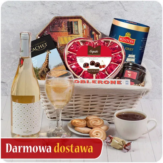 Oblicza przyjemności - Poczta Kwiatowa® kosz upominkowy na dzień kobiet z winem 