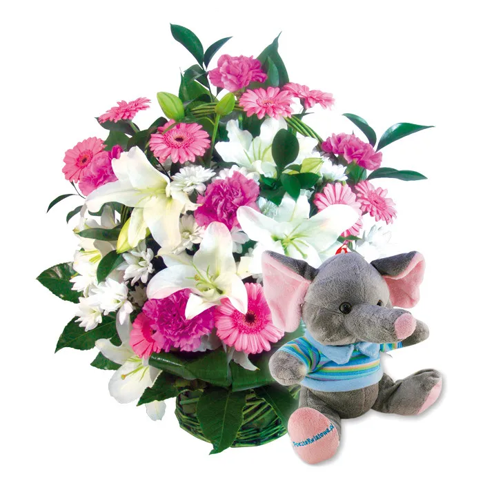 Birthday composition, gerberas, lilies, carnation, santini,  and plush elephant with blue shirt in the basket.