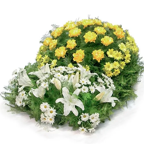 Funeral wreath, wreath of yellow roses, yellow chrysanthemum, white lilies