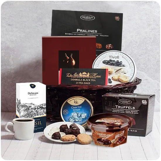 Teacher gift, poczta kwiatowa, chocolate figs, blueberry biscuits, Belgian truffles and pralines