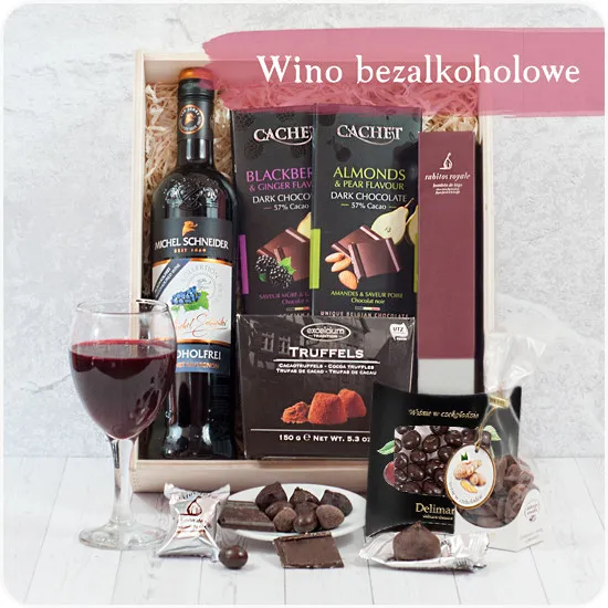 Chocolate Euphoria - wooden engraved gift box with alcohol - free wine and original, unique sweets 