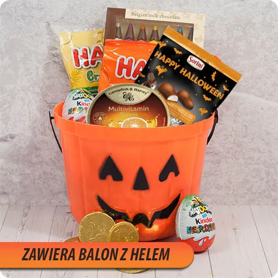 Halloweenowe wiaderko słodyczy z balonem - Poczta Kwiatowa® prezenty dla dzieci