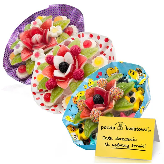 Jelly candy madness, three jelly fruit bouquets, colorful jelly fruit bouquets