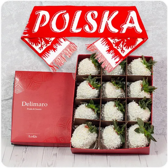 Strawberries in chocolate, fan scarf, scarf with inscription "Poland", gift for Euro 2020
