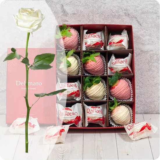 Strawberries in Chocolate with Raffaello and White Rose - Poczta Kwiatowa® fruits in chocolate