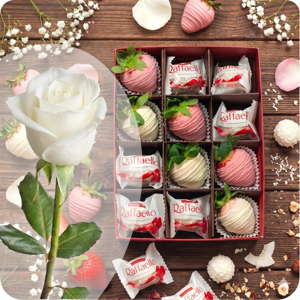 Strawberries in Chocolate with Raffaello and White Rose - Poczta Kwiatowa® fruits in chocolate