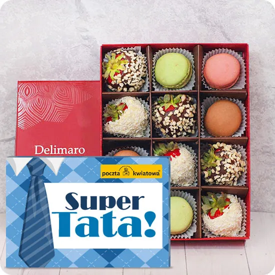 Strawberries with macaroons and a box of chocolates for Father's Day | Poczta Kwiatowa