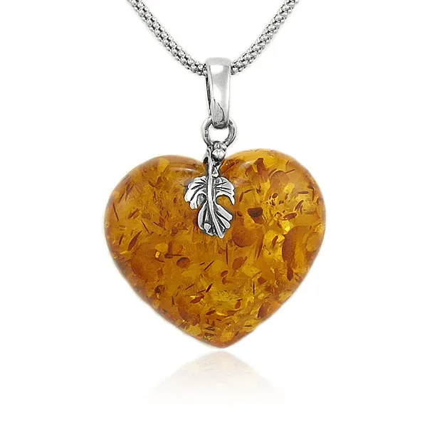Necklace with amber heart, amber heart as a pendant on a silver chain
