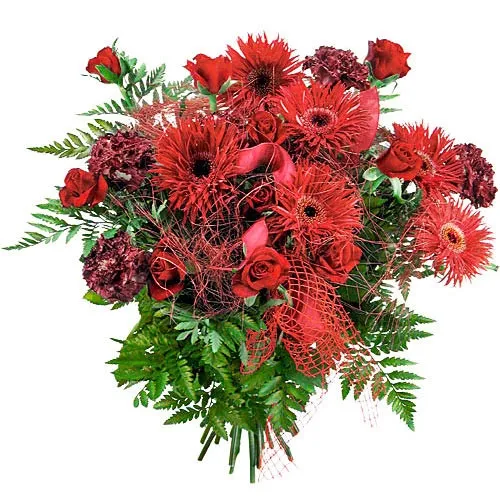 A composition of red gerberas, carnations and rose ribbons, romantic flowers, flowers I love you