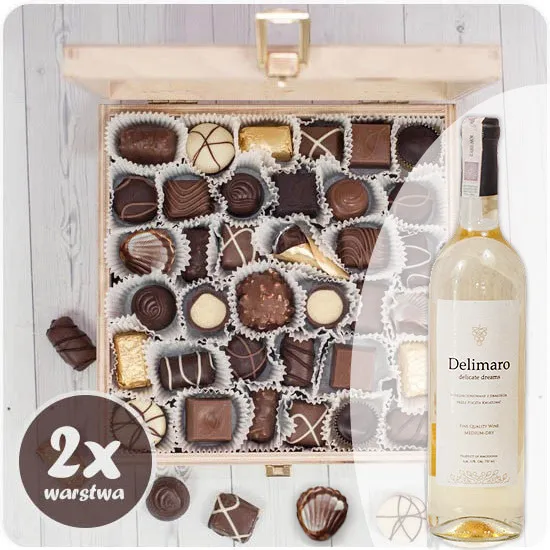 Czekoladowy Skarb XL + Wino białe Delimaro - Poczta Kwiatowa® skrzynka pralin pełna miłości i słodyczy