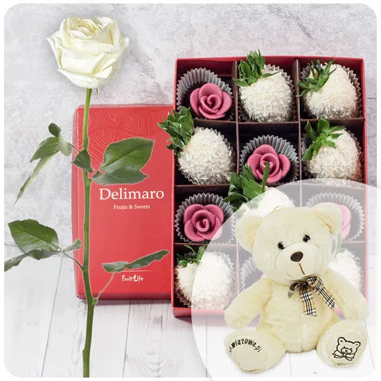 Elegant white rose with coconut strawberries and mini chocolate roses - Poczta Kwiatowa® fruit in chocolate