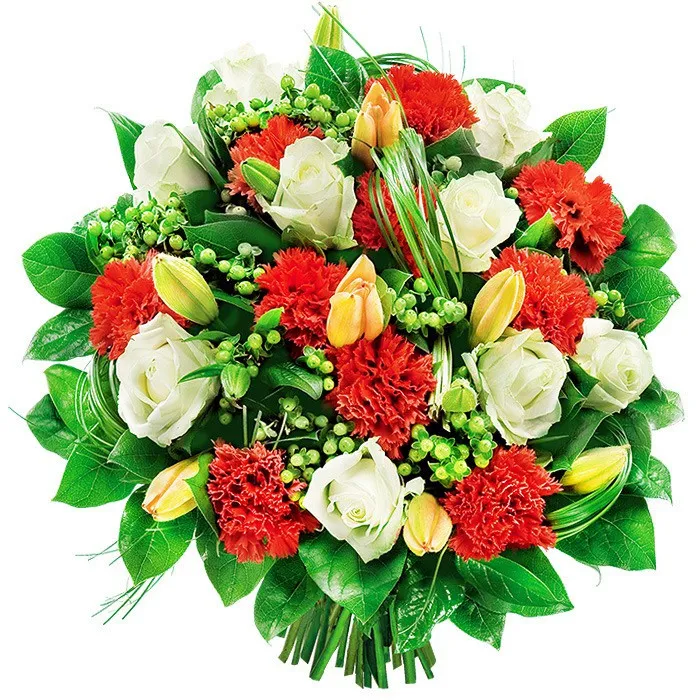 Colourful bouquet, green carnations, Asiatic hybrids, white roses, hyper-coloured bouquets