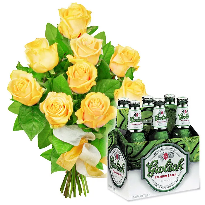 Refreshing bouquet, 9 yellow roses with six-pack beer, male flowers.