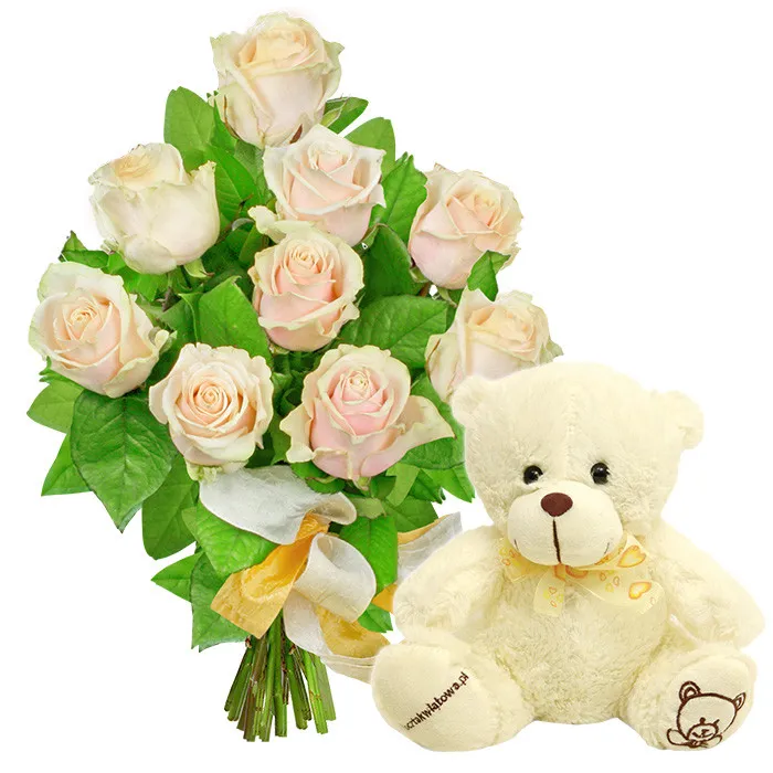gleam flowers, bouquet of creamy roses, 9 creamy roses, plush teddy bear