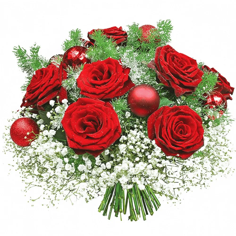Christmas basket, bouquet of roses, medioklades and gypsophila and ornamental baubles