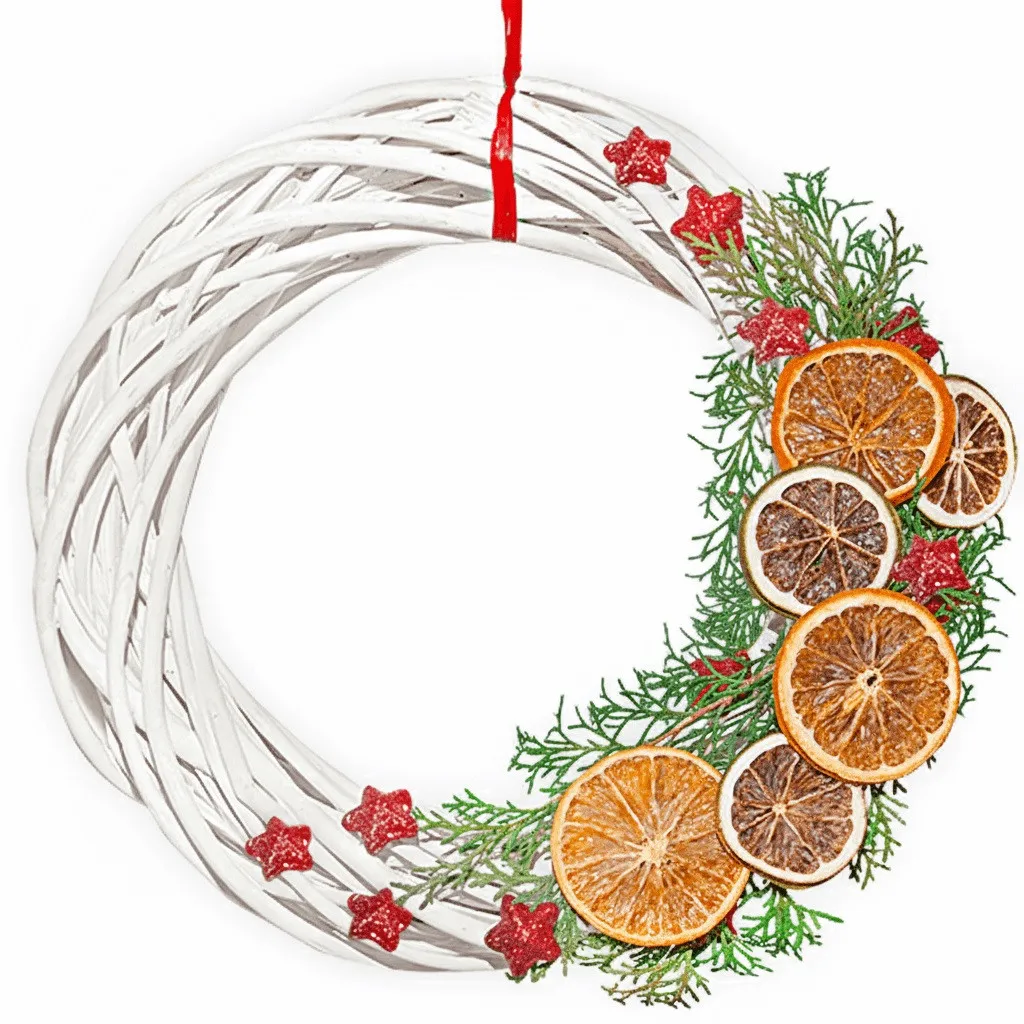 Christmas wreath joyful, white wreath with decorations, stars, limes, oranges