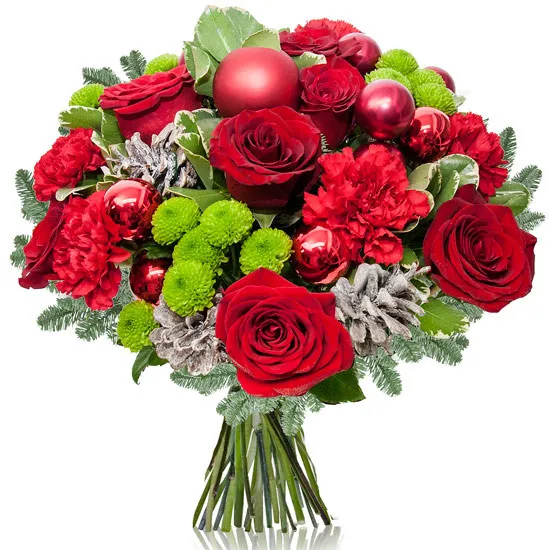 Bukiet na święta, czerwone róże, czerwone goździki, jodła, szyszki w bukiecie