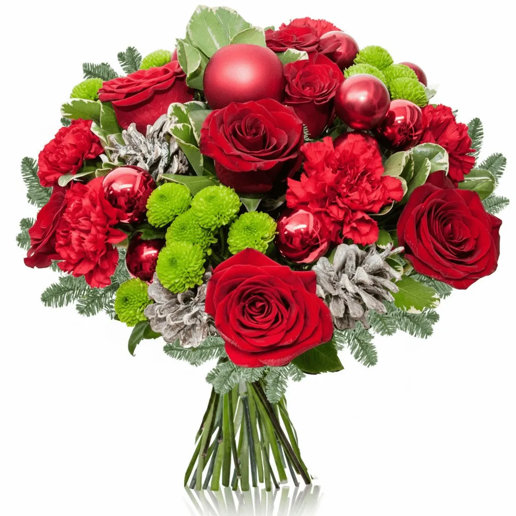 Holiday bouquet, red roses, red carnations, fir, cones in the bouquet