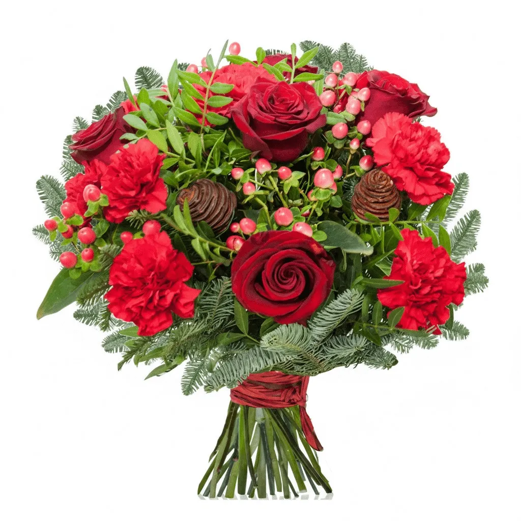 Winter Bouquet garden, flowers for the holidays, red roses, red carnations, fir, cones in the bouquet