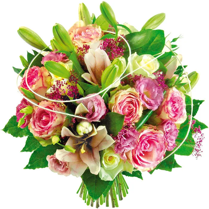 Bukiet Wszystkiego najlepszego, bukiet różowych kwiatów, lilie i eustomy z dodatkami