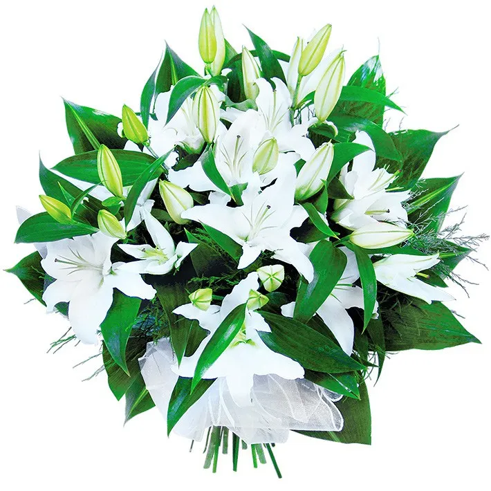 Kwiaty dla nowożeńców, bukiet białych lilii i aspidistrii, kwiaty na ślub, ślubna kompozycja