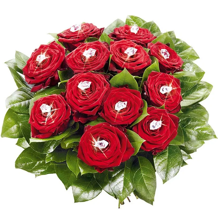 Flowers brilliance shine, 12 red roses with crystals and decorative greenery
