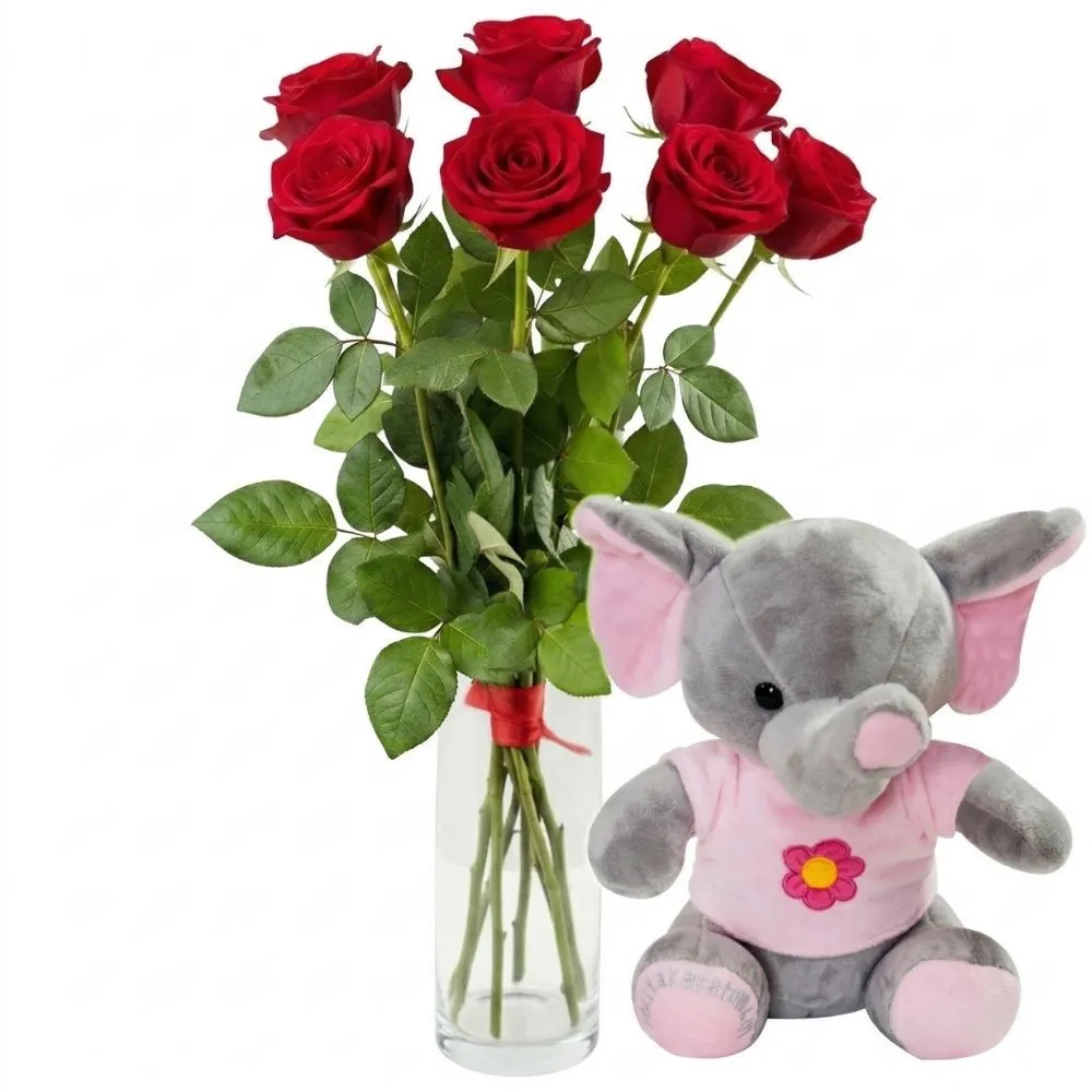 7 red roses in a bouquet delivered by courier, red roses and a pink elephant, ribbon