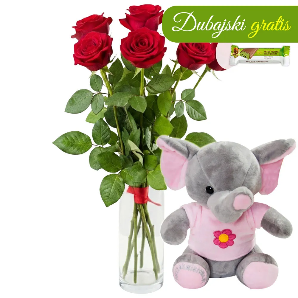 7 red roses with pink elephant - Poczta Kwiatowa® gift with roses and a mascot