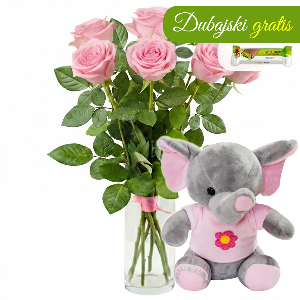 7 pink roses with pink elephant - Poczta Kwiatowa® gift with roses and a mascot