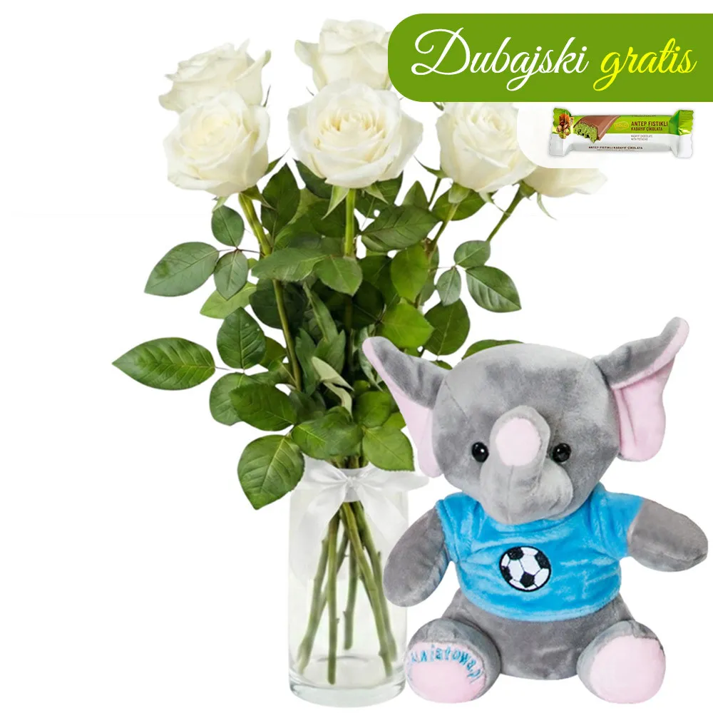 7 white roses with blue elephant - Poczta Kwiatowa® roses with a mascot