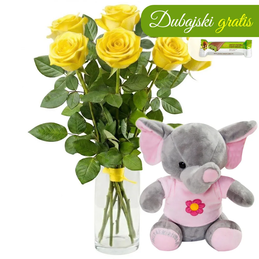 7 yellow roses with pink elephant - Poczta Kwiatowa® flowers with a mascot
