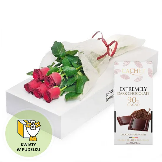 5 czerwonych róż z czekoladą - Poczta Kwiatowa® kwiaty i czekolada