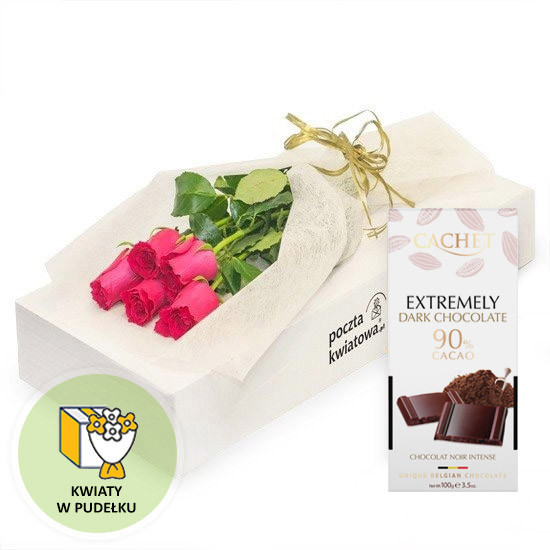 5 różowych róż z czekoladą - Poczta Kwiatowa® kwiaty i czekolada