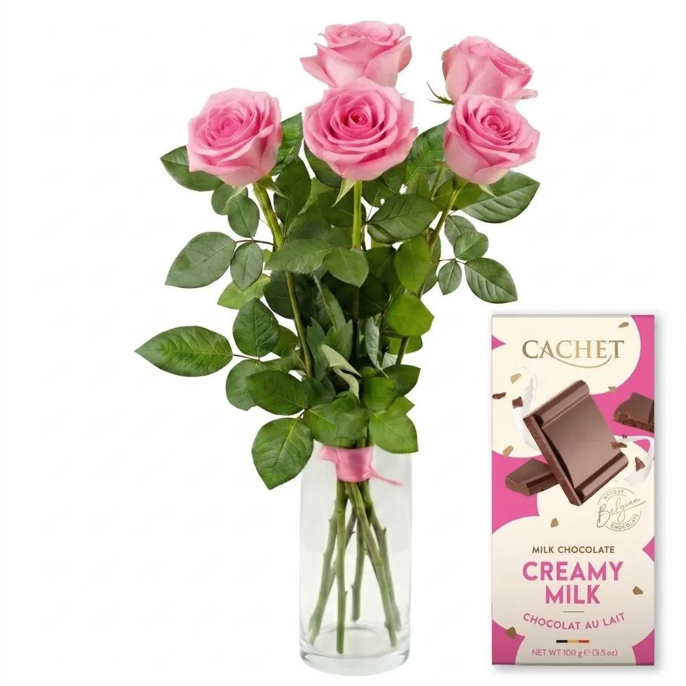 5 pink roses with chocolate